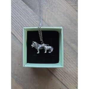 Vintage Lion & Cub Pendant Necklace, Metal Animal Charm, Rustic Silver, Estate